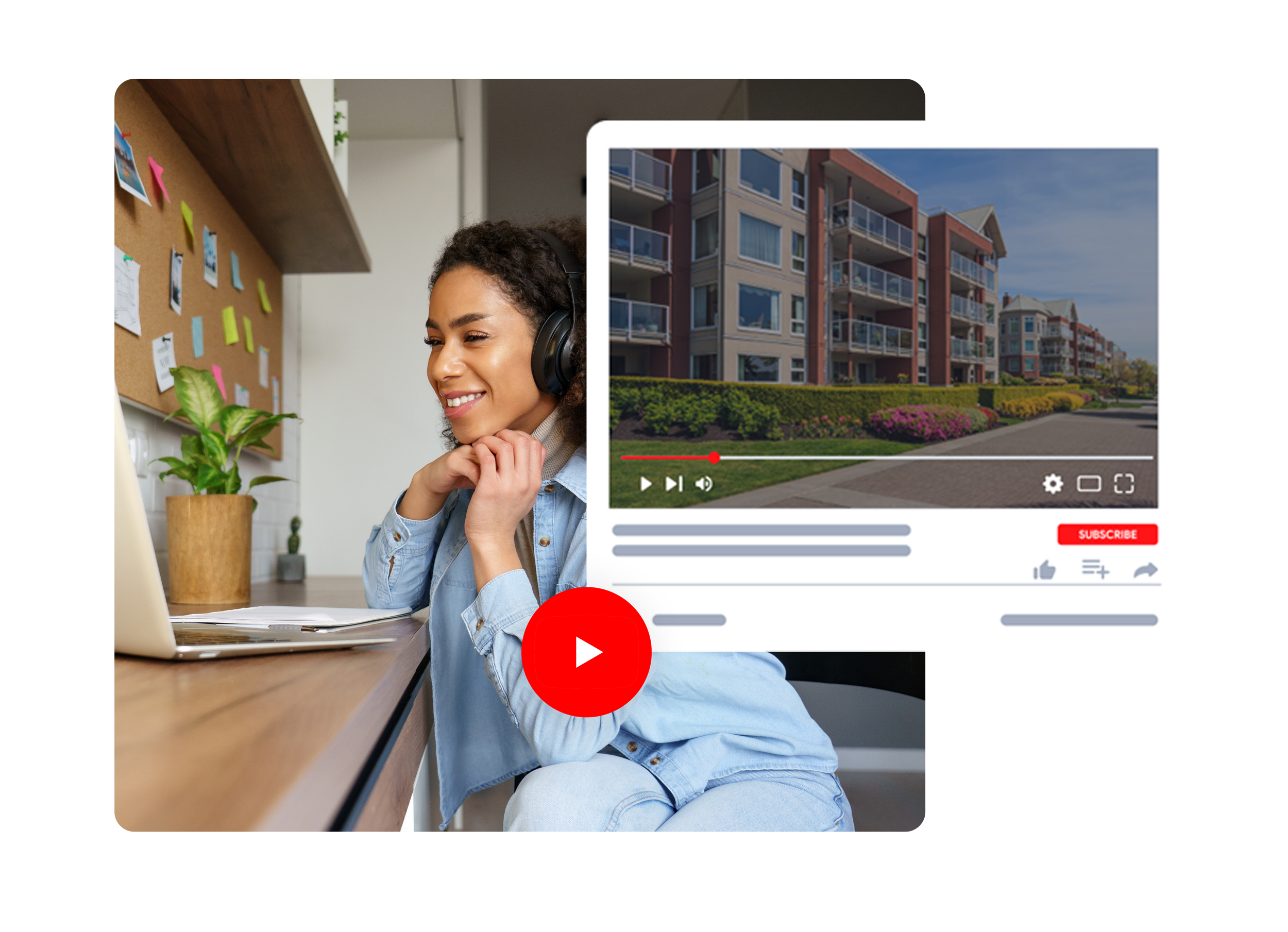 Woman wearing a blue shirt and headphones smiling and sitting at a desk watching a video ad for an apartment building on her laptop