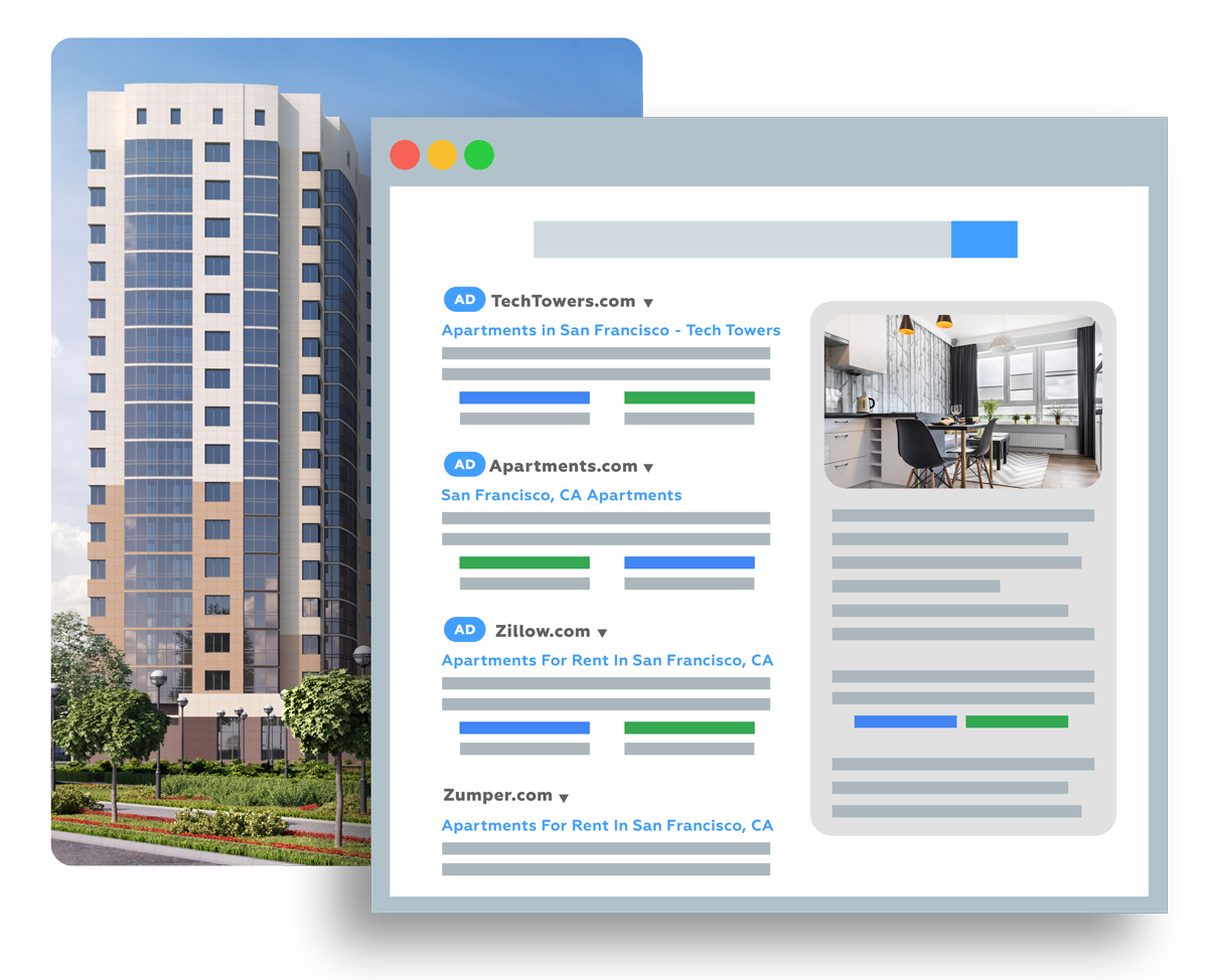 Multifamily housing apartment building with Google Paid Search advertising results displayed on a search engine results page (SERP)