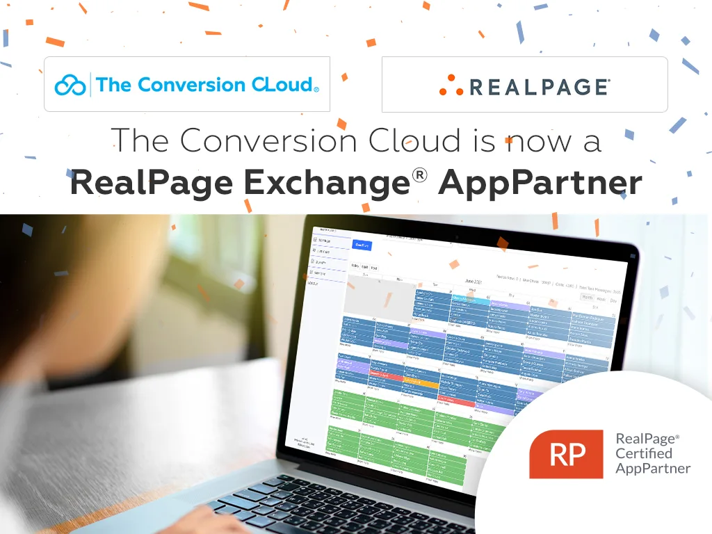 A person looking at a computer screen displaying a calendar with numerous appointments scheduled with confetti, The Conversion Cloud log, and the RealPage Exchange logo
