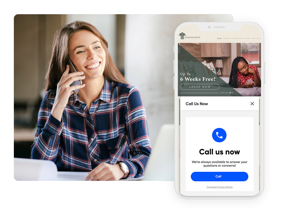 a woman sitting at her desk smiling talking on her phone after using the Call Us Now app