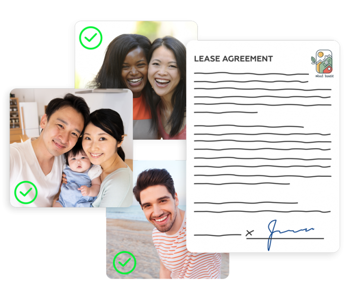 photos of family and friends with lease agreement graphic and green checkmark icons