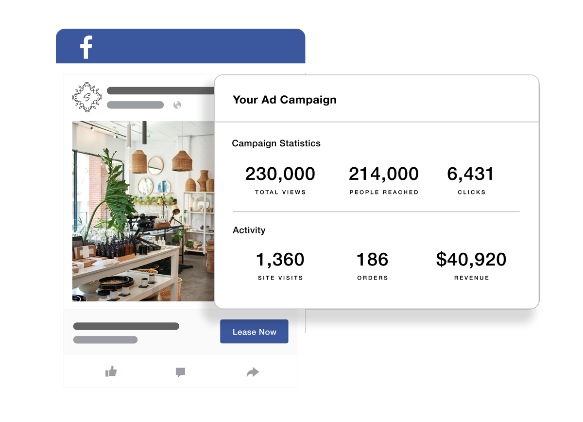 Example of a Facebook ad campaign with campaign metrics and data reporting