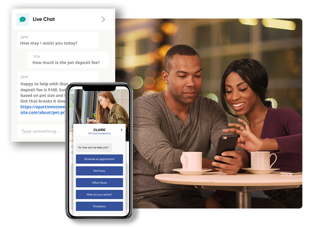 A couple sitting at a table with tea cups, the man is holding his phone and the woman is pointing to the live chat and virtual assistant applications on the phone