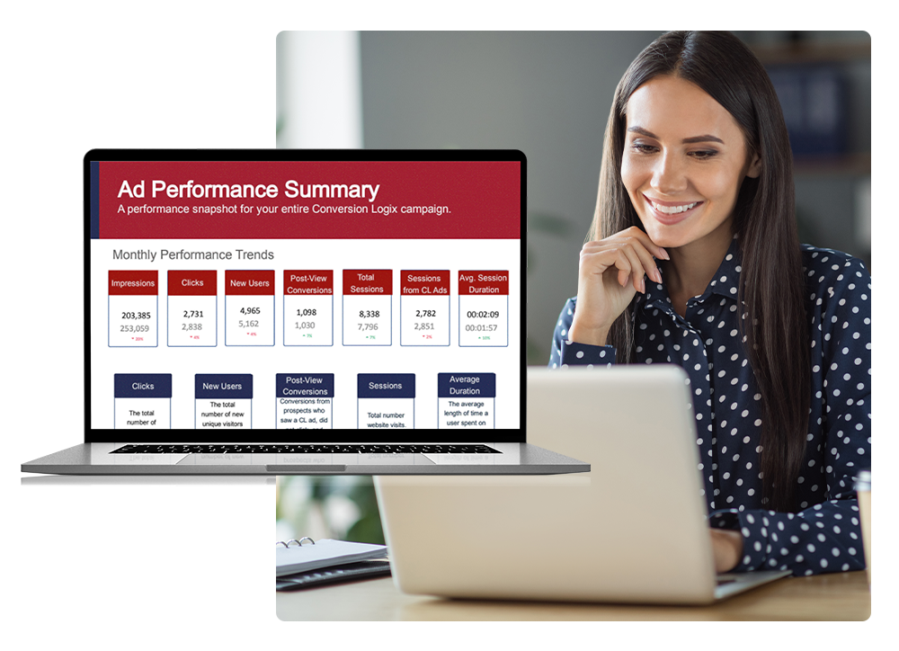 A woman smiling and looking at a monthly ad performance summary report on her laptop