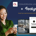 Woman looking at a cell phone she is holding next to a computer screen displaying an apartment virtual tour