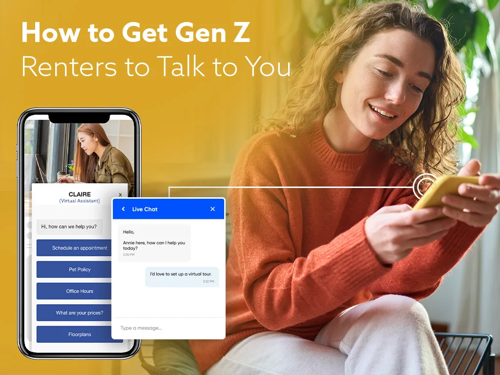 How to Get Gen Z Renters to Talk to You blog image with female student looking a a live chat and virtual assistant app on her phone