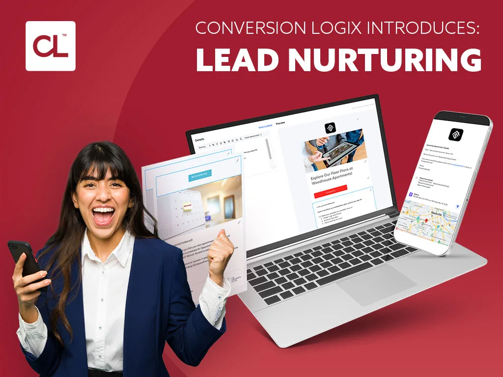 conversion logix launches lead nurturing announcement with a woman holding her phone and celebrating next to a computer and a phone with lead nurturing campaign blog image