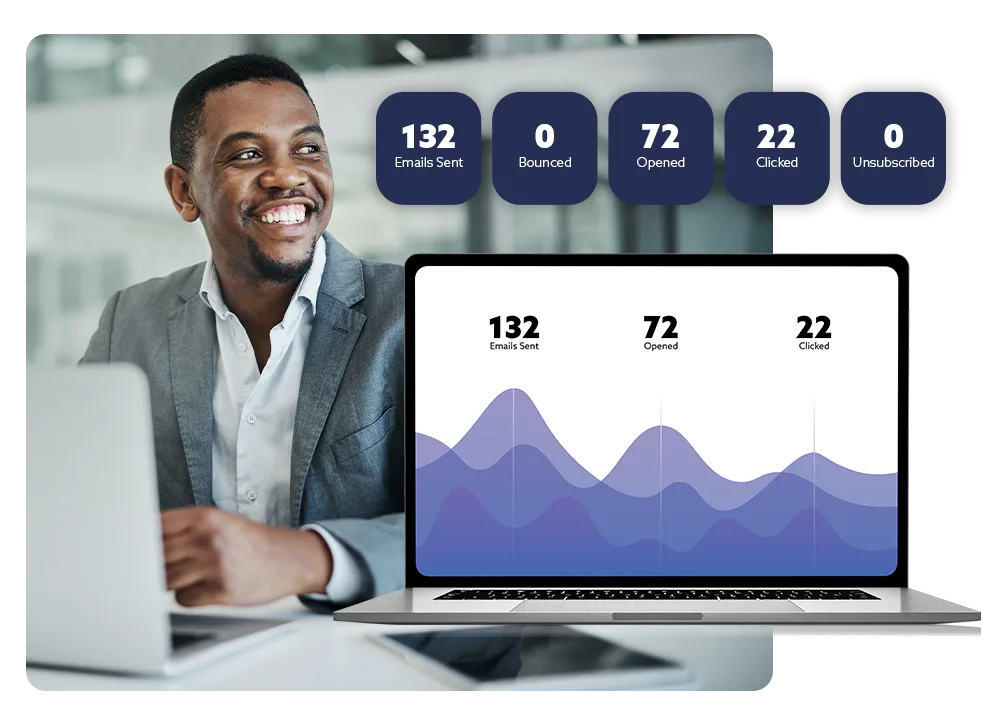 Man sitting at his computer smiling as he determines the effectiveness of his lead nurturing email and SMS campaigns with send, open, and click metrics in real-time